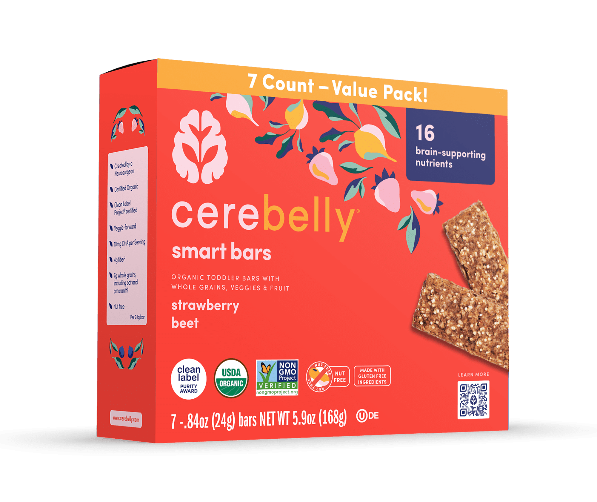 Cerebelly Organic Strawberry Beet Smart Snack Bar for Toddlers, 7 Count