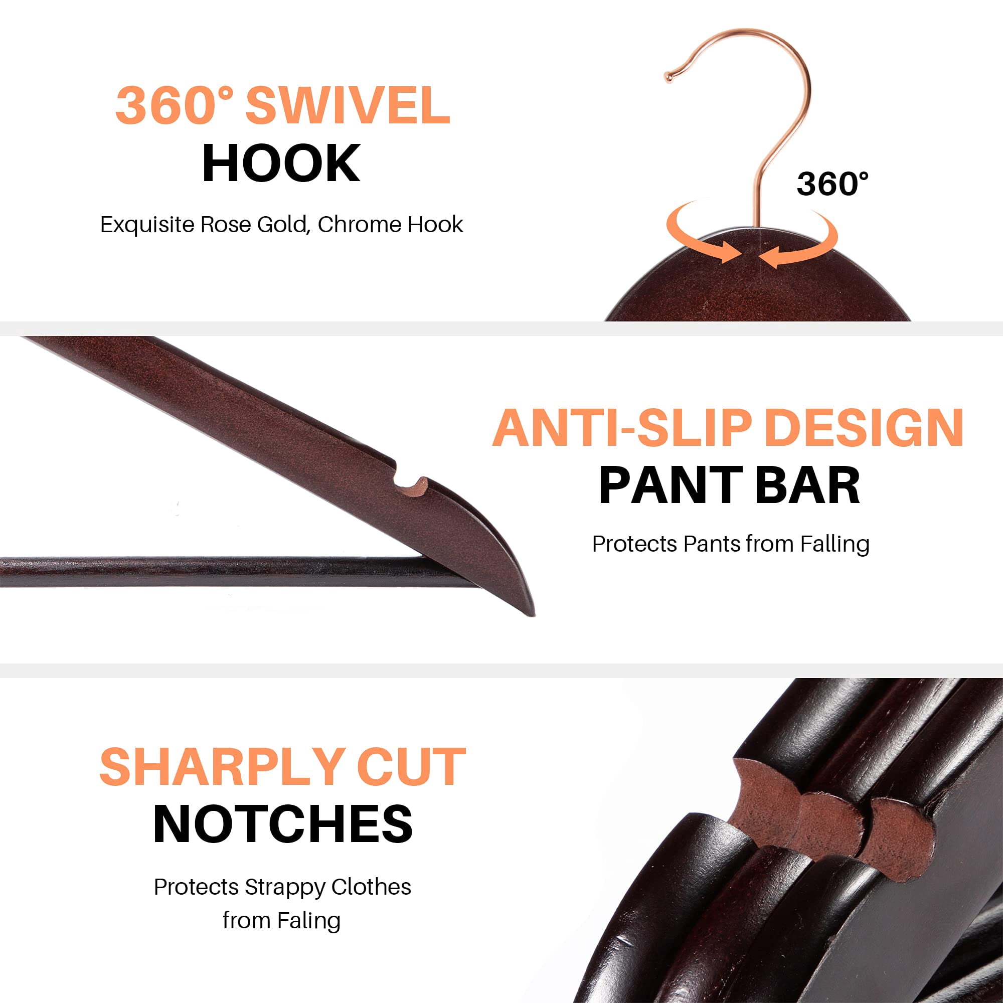 ACSTEP Wooden Clothes Hangers 20 Pack, Sturdy Coat Hangers for Closet, Heavy Duty Non Slip Hangers, Brown