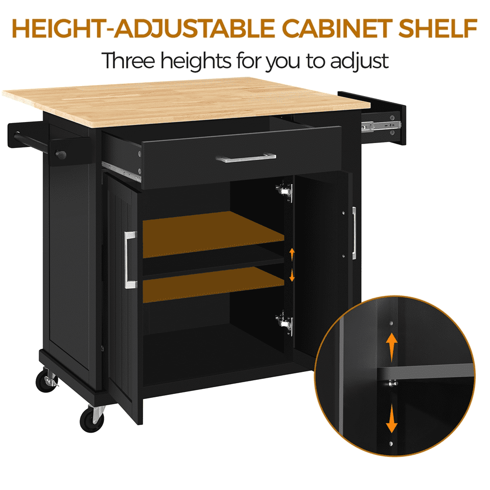 Alden Design Kitchen Island Cart with Solid Wood Top and Storage, Black