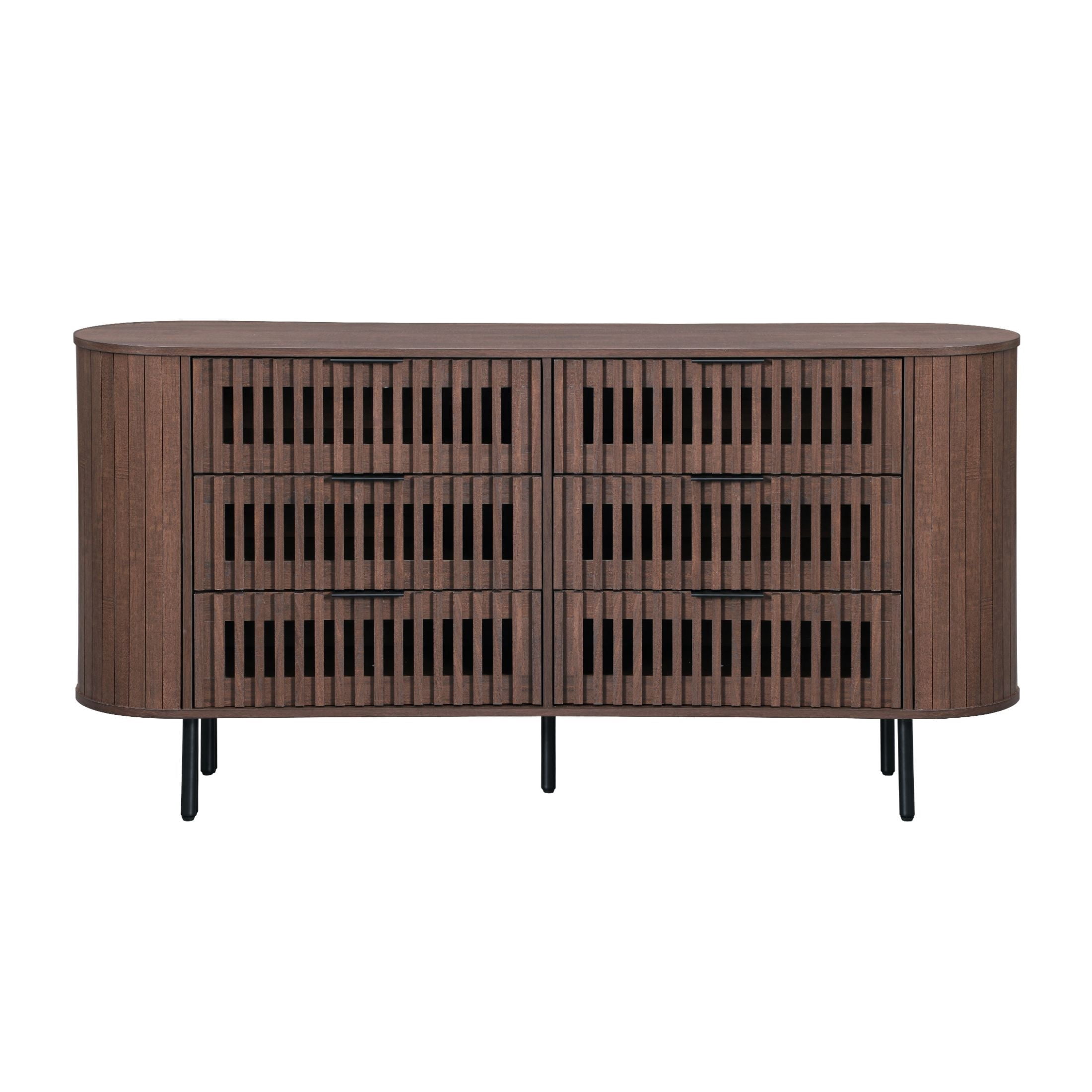 WAMPAT Fluted 6 Drawer Double Dresser, Modern Storage Cabinet, Wood Chest of Drawers for Living Room, Bedroom, Walnut