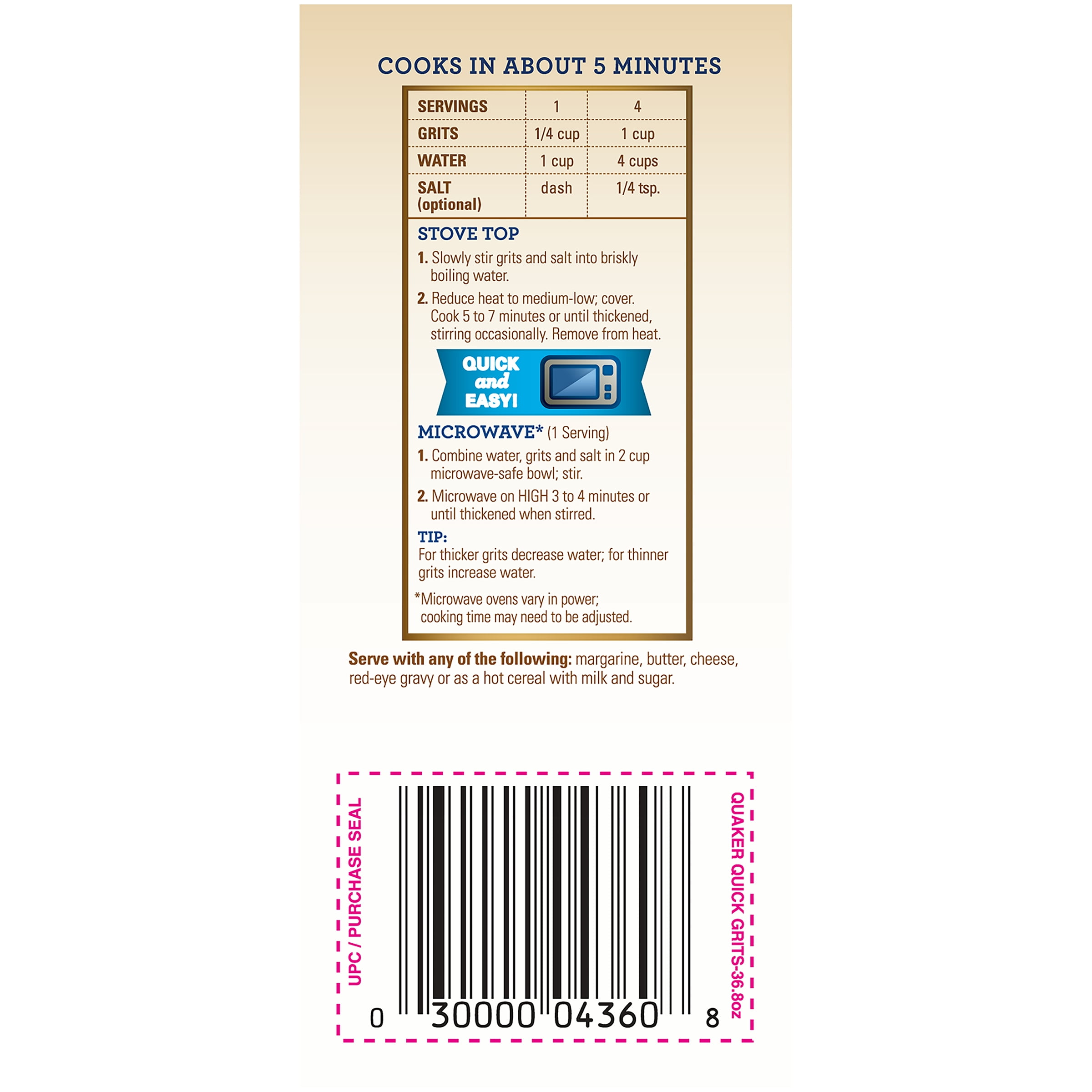 Quaker Quick-5 Minute Grits Enriched White Hominy Corn, 36.8 oz Paper Box