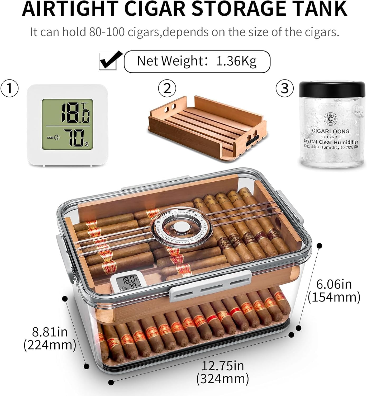 Cigar Humidor Clear Acrylic with Spanish Cedar Shelf Holds 80-100 Cigars Portable Airtight Container
