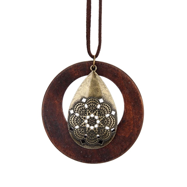 Women Girls Vintage Water Drop Shaped Wood Sweater Pendant Necklace Chain Sunnimix Collar suéter con gota de agua