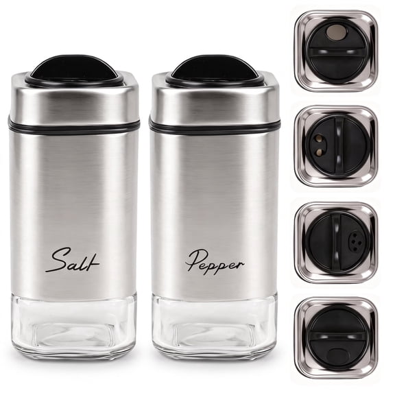 2 Pack Salt Pepper Shakers Set, Stainless Steel & Clear Glass Seasoning Containers with Adjustable Pour Holes, Modern Square Spice Dispenser for Kitchen Counter