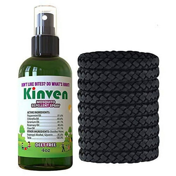 Kinven Bracelets and Spray Pack for Mosquito - 4oz Bottle   12 Bracelet, Black, Great Looking and Natural, Insect Wristband & Spray, Waterproof, Indoor Outdoor Protection for Adults & Kids
