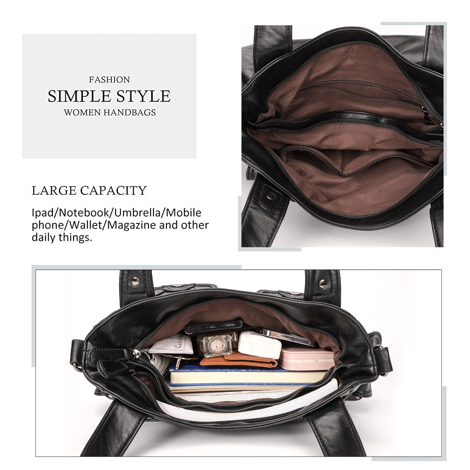 KL928 Hobo Bag for Women Multi Pockets Handbags Large Capacity Leather Purse for Daily Life and Work,Black