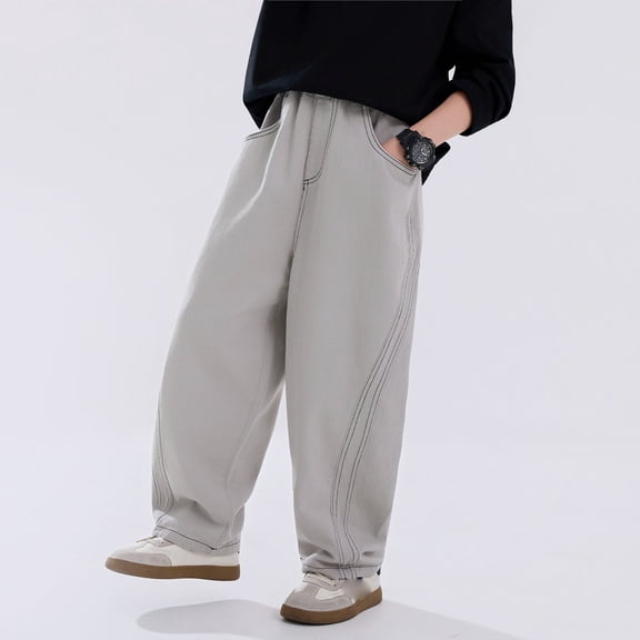 hengsof Boys Relaxed Fit Everyday Pants Solid Color Elastic Waist Straight Leg Trousers with Side Pockets for Youth Sizes 3 to 15 Years Casual Comfort Pants