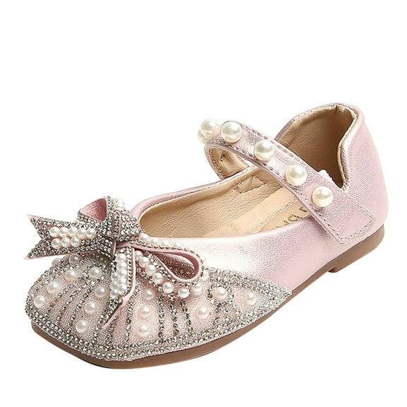 Huowey Baby Fashion Autumn Girls Casual Shoes Shiny Pearl Rhinestone Bow Dress Shoes Dance Shoes Stylish Footwear, 7-8 Years