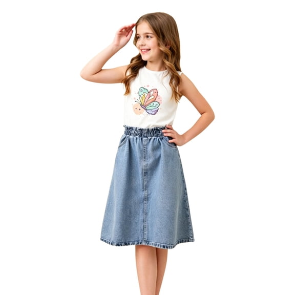 Oiyii Big Girls Summer Denim Skirts High Elastic Waist Knee-Length A-Line Skirt