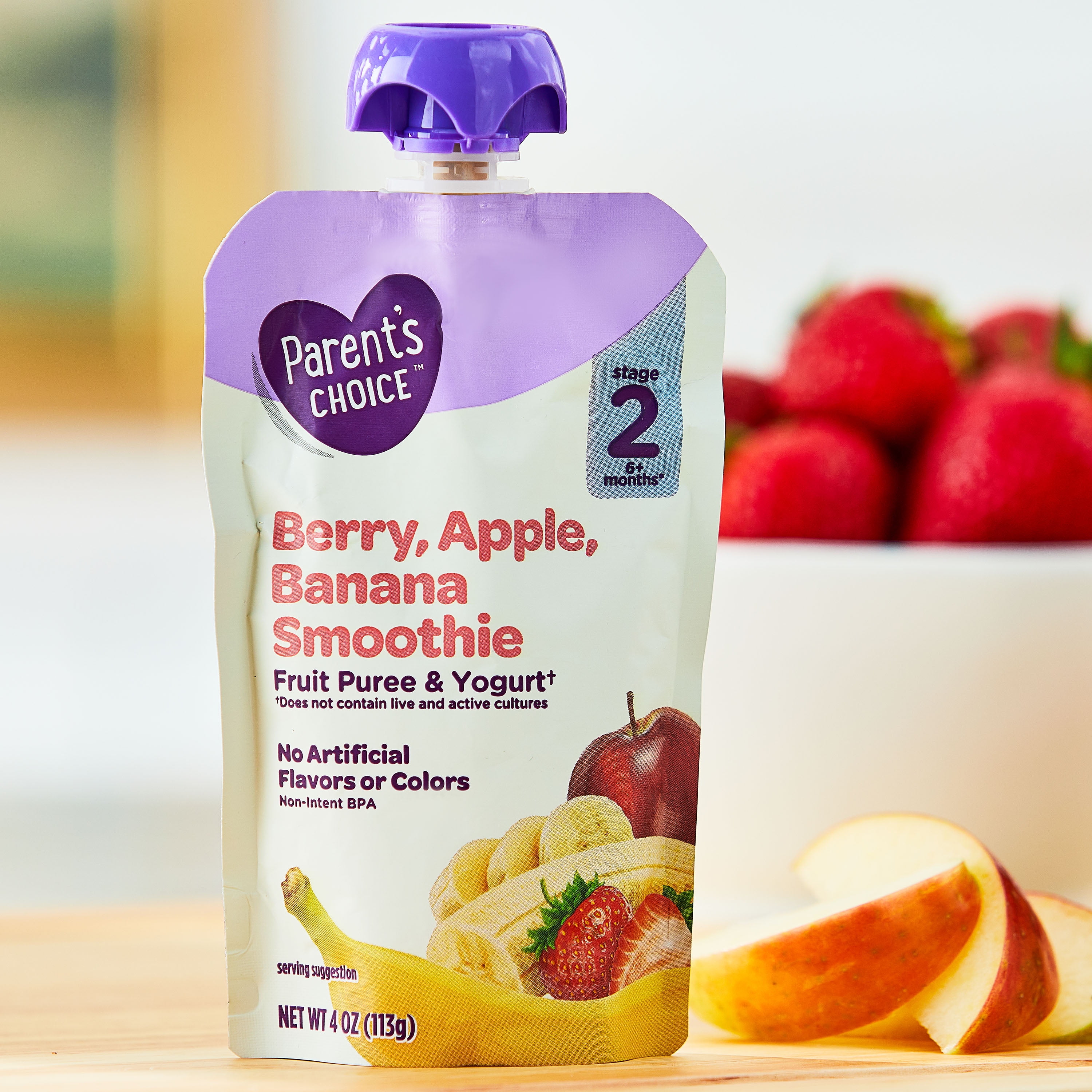 Parent's Choice Stage 2 Baby Food Berry, Apple, Banana Smoothie Fruit Puree and Yogurt, 4 oz Pouch