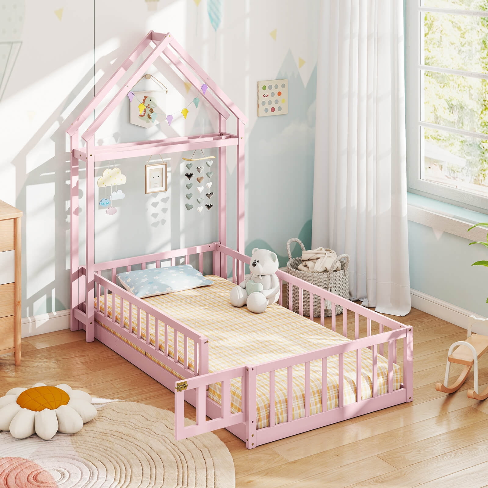 Costway Twin Size House Floor Bed with House-shaped Headboard Clothes Hanger without Slats Pink