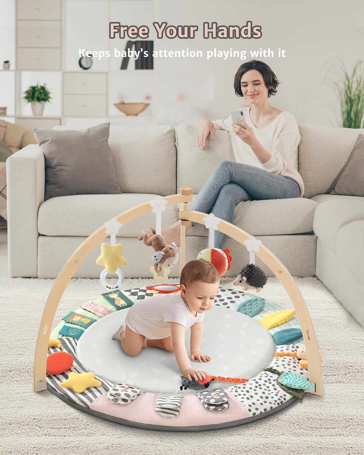 PRVAETU Wooden Baby Gym Play Mat, Foldable Tummy Time Playmat W/ 7 Detachable Toys for Infant Newborn Toddler Motor Skills Sensory Development,Green