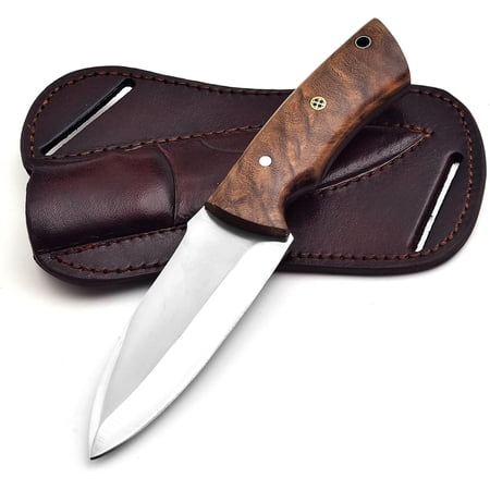 Fixed Blade Hunting Tracker Knife Stainless Steel Bushcraft Scout Carry Knives with Leather Sheath Rosewood Handle Strong Grip For Outdoors Hunting Survival Camping Hiking