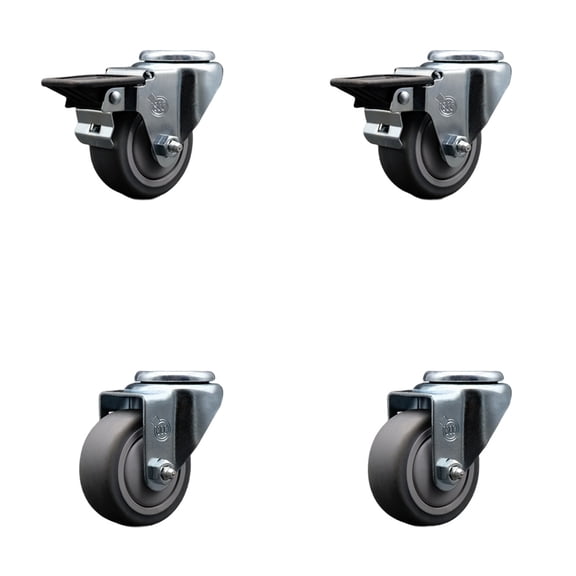 3 Inch Thermo Rubber Wheel Swivel Bolt Hole Caster Set with 2 Posi Lock Brakes