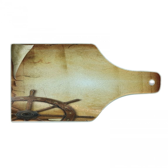Ships Wheel Cutting Board, Illustration of Steering Wheel on Old Antique Paper Historic Traveling Maritime Art, Tempered Glass Cutting and Serving Board, Wine Bottle Shape, Brown, by Ambesonne