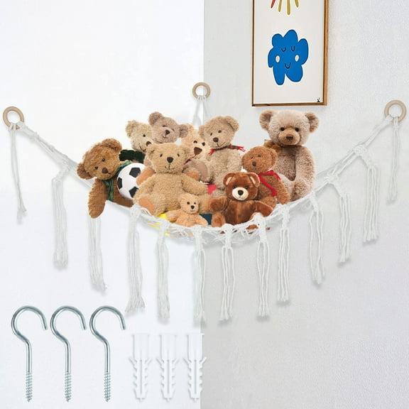 Lieonvis Stuffed Animal Hammock Macrame Boho Plush Toy Net with Woven Tassels Large Capability Corner Toys Display Hammock for Nursery Kid Room Playroom Decor