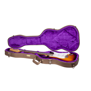 Crossrock Designer Series- Universal Wooden Case for Stratocaster and Telecaster Electric Guitars- Security Lock, Metal Feet, Storage Space- Chocolate Brown