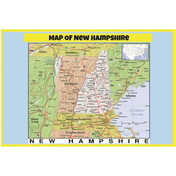 Map of New Hampshire Style C - Laminated Wall Map Poster Print Perfect for Classrooms and Homes - Vivid Imagery with Bright Colors - 18x24