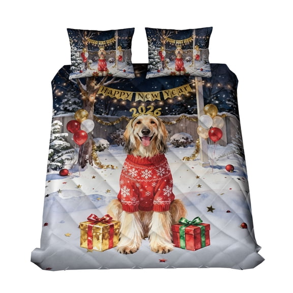 Happy New Year 2026 Afghan Hound Holiday Balloons Party Snow Quilt Bedding Set Dog Lover 1 Blanket Bed Cover 2 Pillowcases - 13018