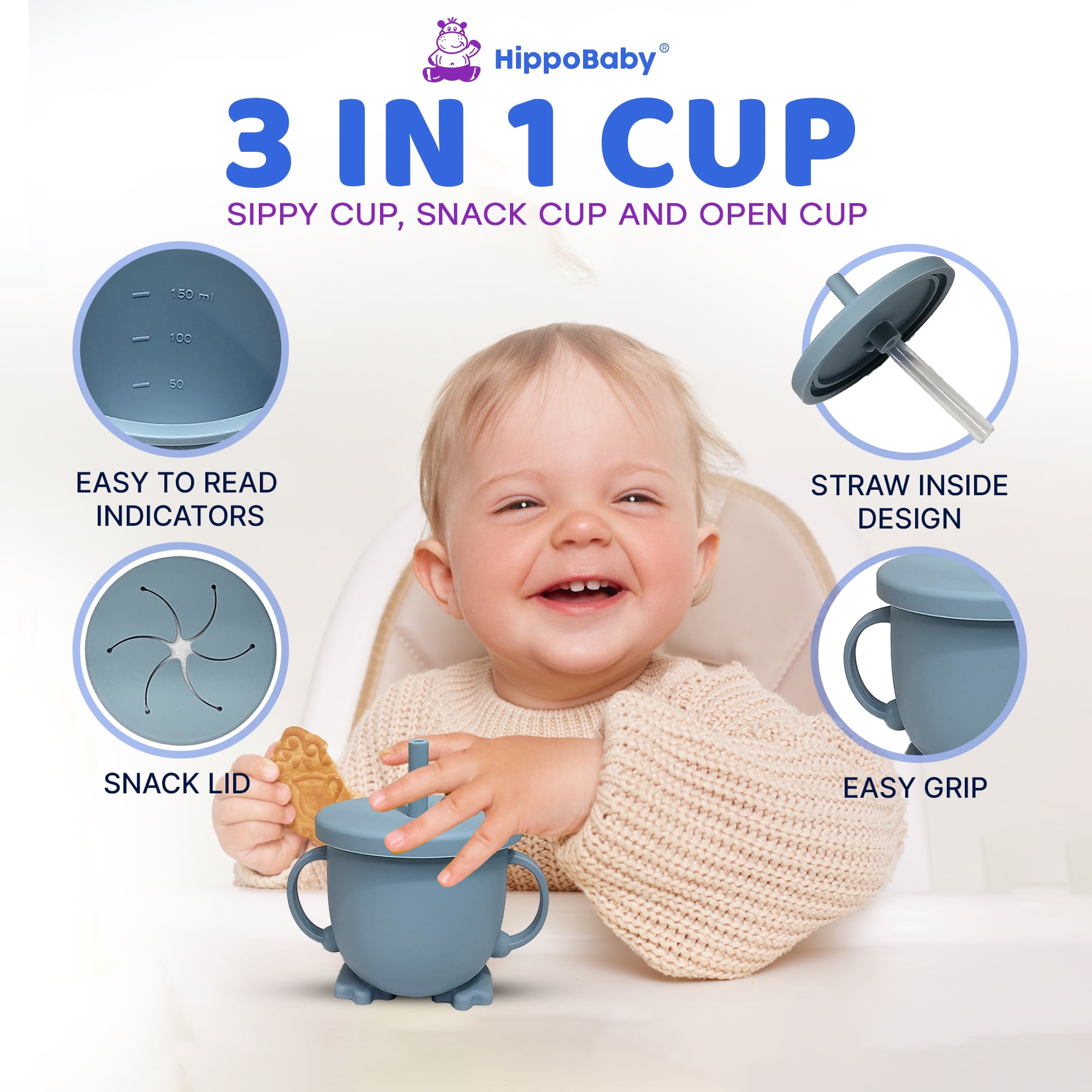 HippoBaby 10 Piece Silicone Baby Feeding Set with Bib, Cup, Divided Plate, Bowl, and Self-Feeding Spoons (Sky)