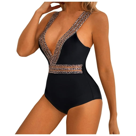 DOPI Women Fashion Sexy Lace One-Piece Leopard Print Jumpsuit Beachwear Swimwear Push-up Bikini