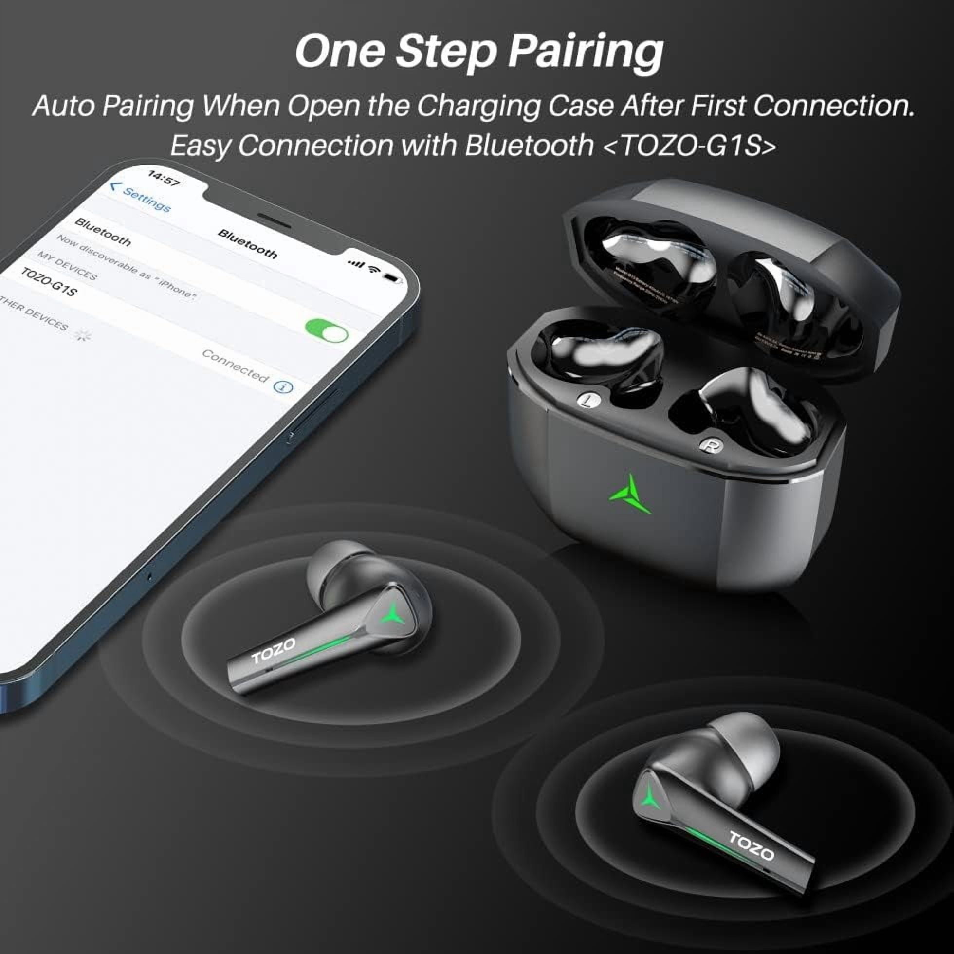 TOZO Wireless Gaming Earbuds Bluetooth 5.3 In-Ear Headphones with 45ms Ultra-Low Latency,Cool Breathing Light,Stereo Sound,Deep Bass,Wireless Charging Case,Type-C Fast Charging,30H Play,Ergonomic Fit