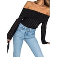 thumbnail image 4 of Seyurigaoka Striped Off Shoulder Knitted T-Shirts for Women Autumn Spring Casual Long Sleeve Slash Neck Pullovers Tops, 4 of 9