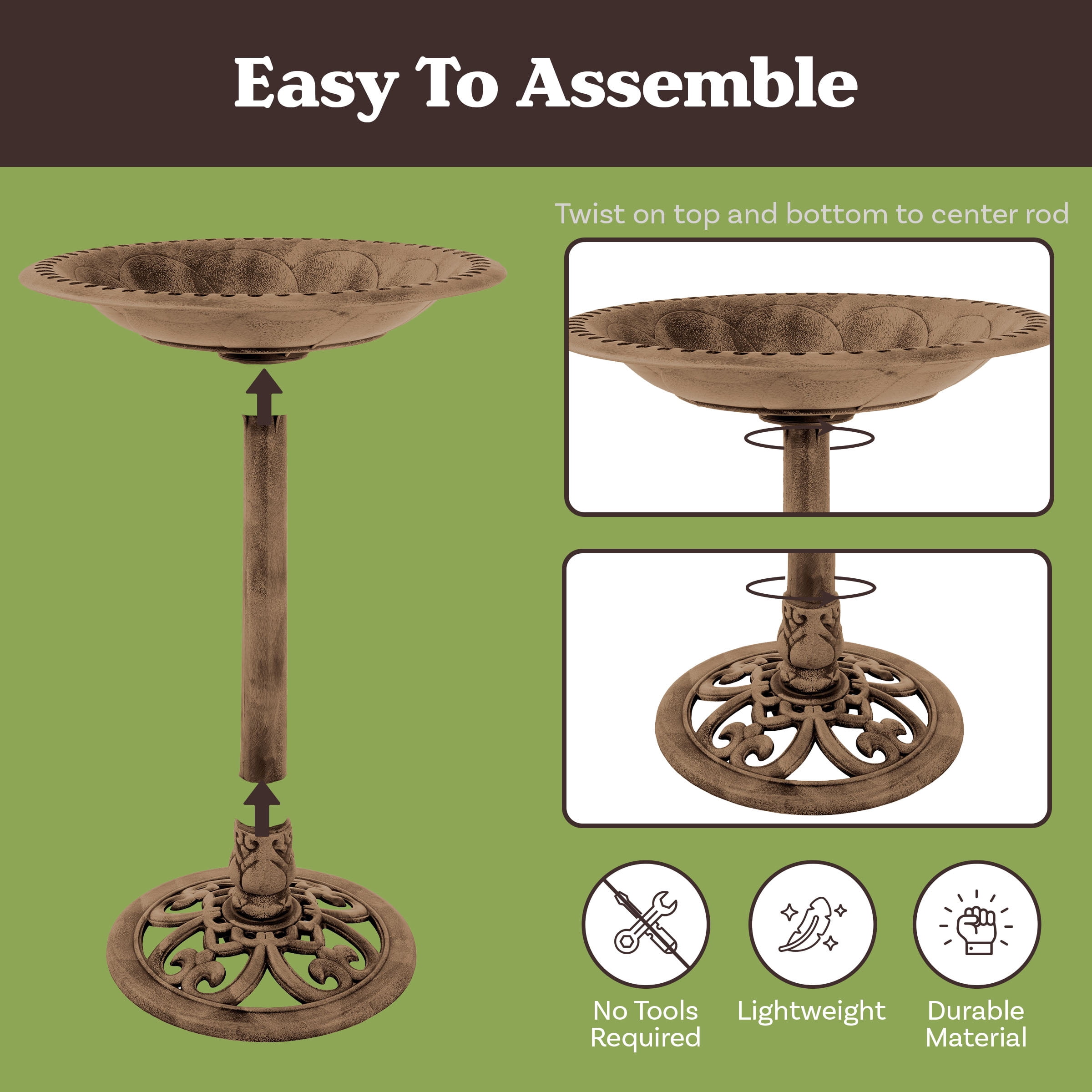 Pure Garden Antique Bird Bath – 28.75” Weather-Resistant Pedestal Bowl with Stakes, Bronze