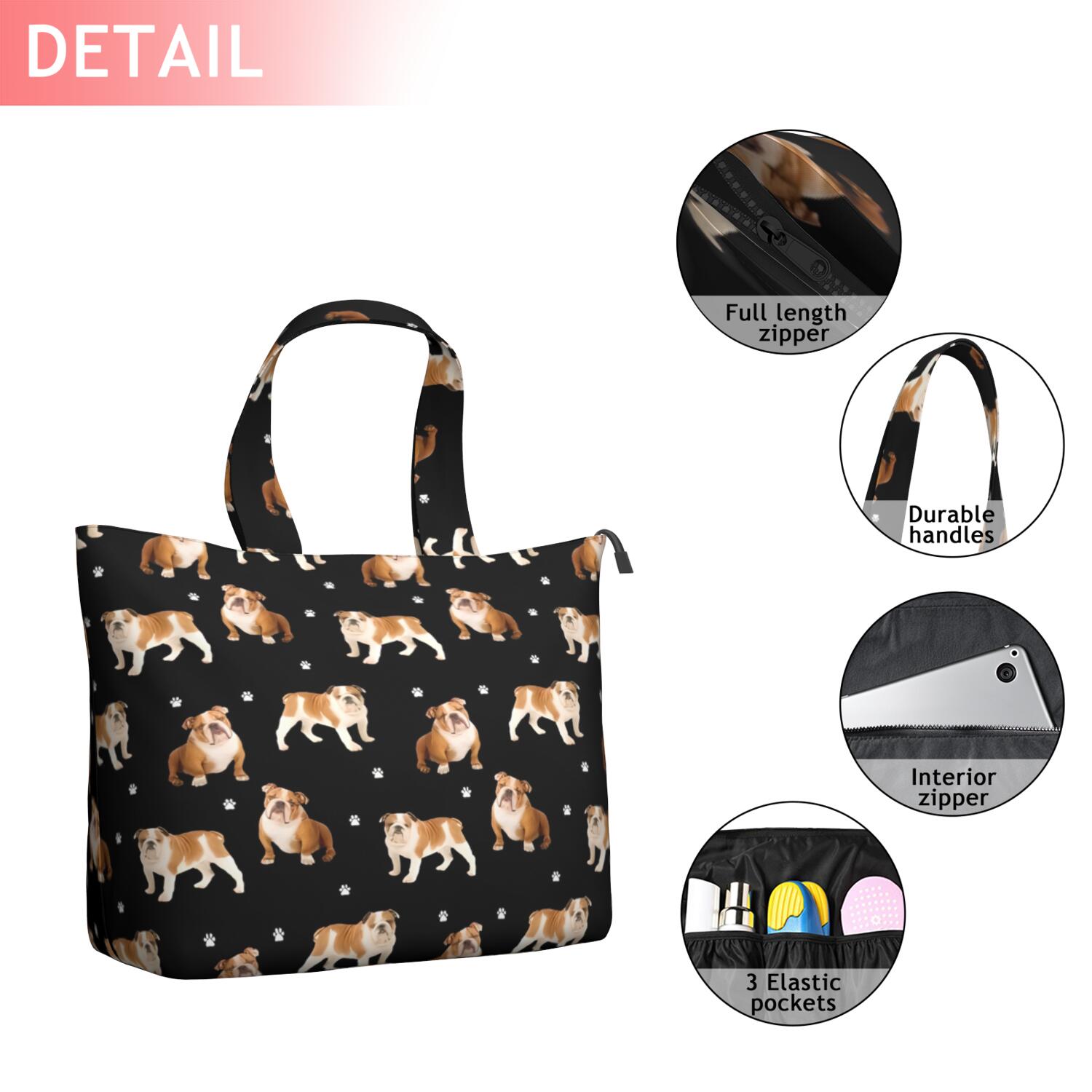 Bulldog Dog and Footprints Travel Tote Bags for Women Carry On,Large Weekender Bags for Women Travel,Multi Functional Duffle Bag for Work,Shopping,Sports