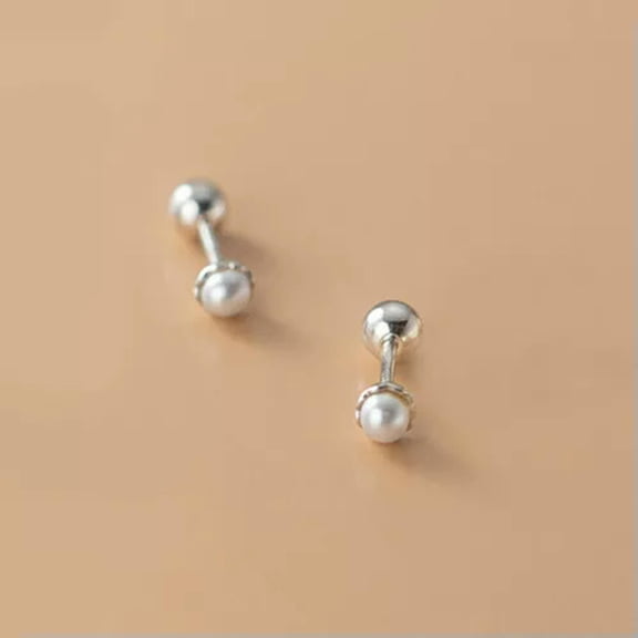 QQTDFG TINY Faux Pearl 925 Sterling Silver Screw Back Stud Earrings A1290-Silver