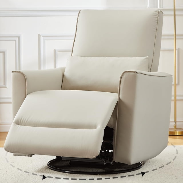 Swivel Rocking Recliner Chair, Manual Leather Recliner with Lumbar Support & Padded Armrest, Comfortable Rocker for Living Room Bedroom Nursery