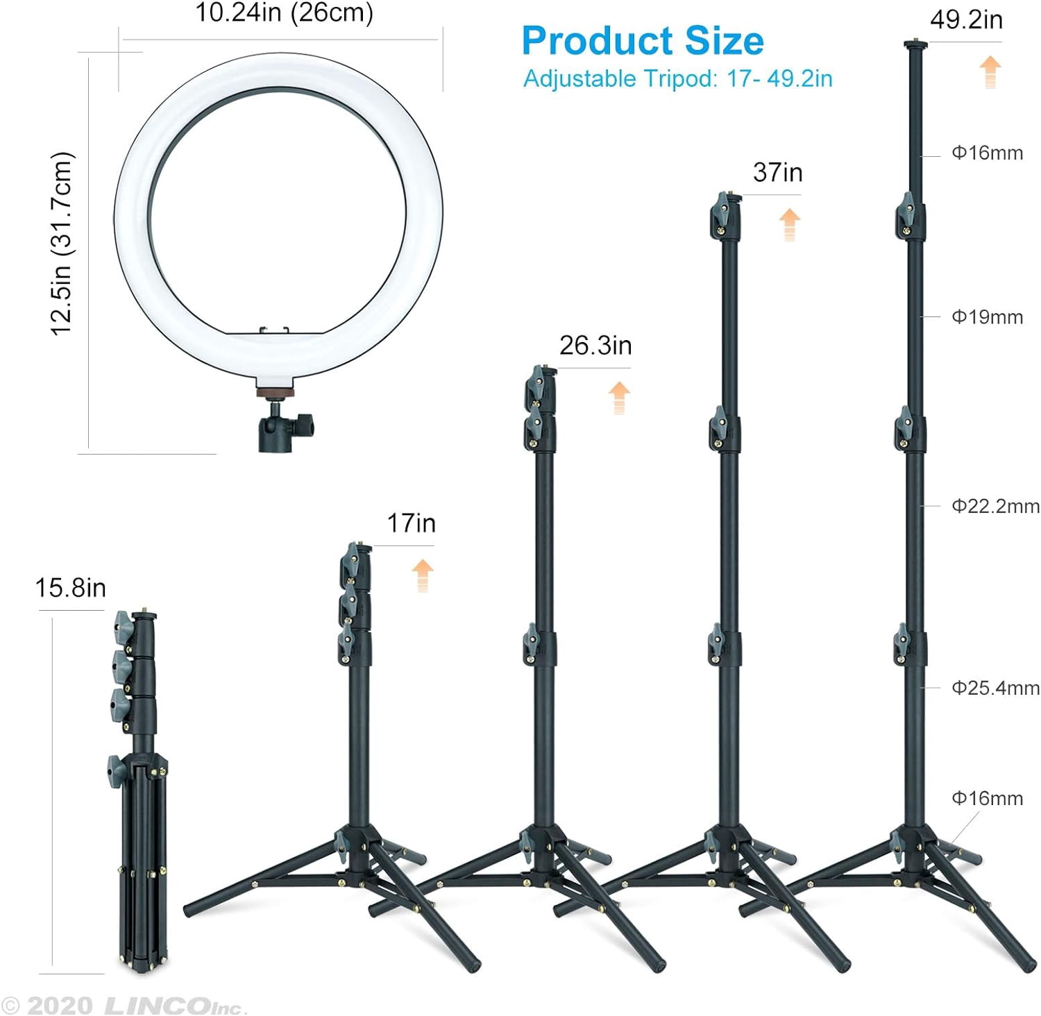 LINCO Dimmable 10in Ring Light Heavy Duty Selfie Stick Tripod Bluetooth Remote 60" for Live Streaming YouTube Video Photography