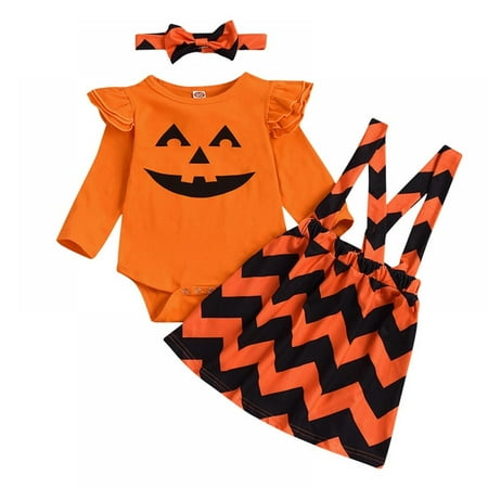 

2 Halloween Toddler Girl Smiling Pumpkin Top + Half Skirt And Long Sleeve Dress (A Hairband Is Given)