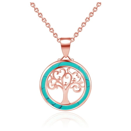 Natural Blue Turquoise Tree of Life Inlay Necklace in 18K Rose Gold Plating