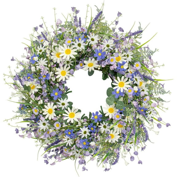 22 Inches Spring Wreaths for Front Door Blue Spring Door Wreath Summer Floral Wreath with Wildflower Lanvender for Wall Porch Indoors Outdoor Window Home Decorations