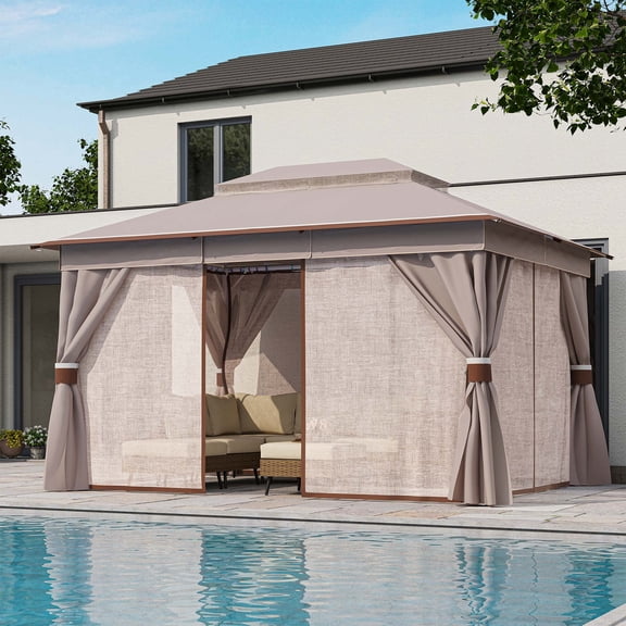 LAUSAINT HOME 10'x13' Outdoor Patio Gazebo, Heavy Duty Semi-Permanent Gazebo Tent with Double Roof, Mosquito Netting & Privacy Curtains for Garden, Lawn, Party, Khaki Color-block