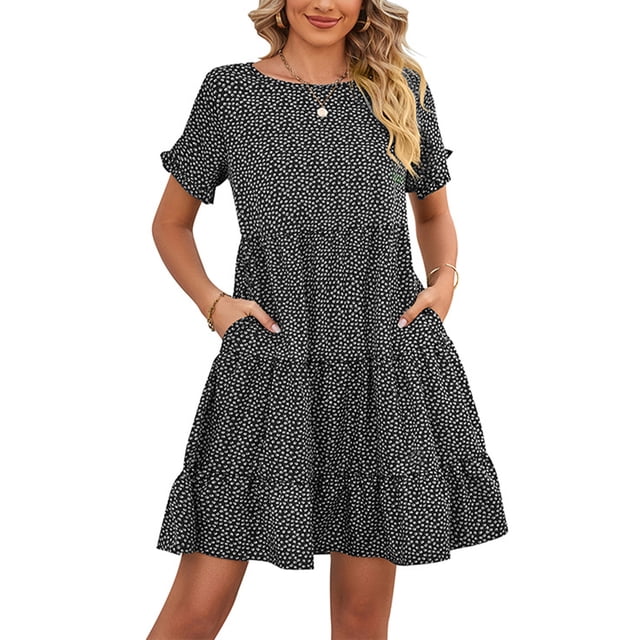 MAWCLOS Robes Courtes pour Femmes Manches Été Plage Robe d'Été en Mousseline Robe Mini Aguichant Rendez-Vous Col Rond Noir m