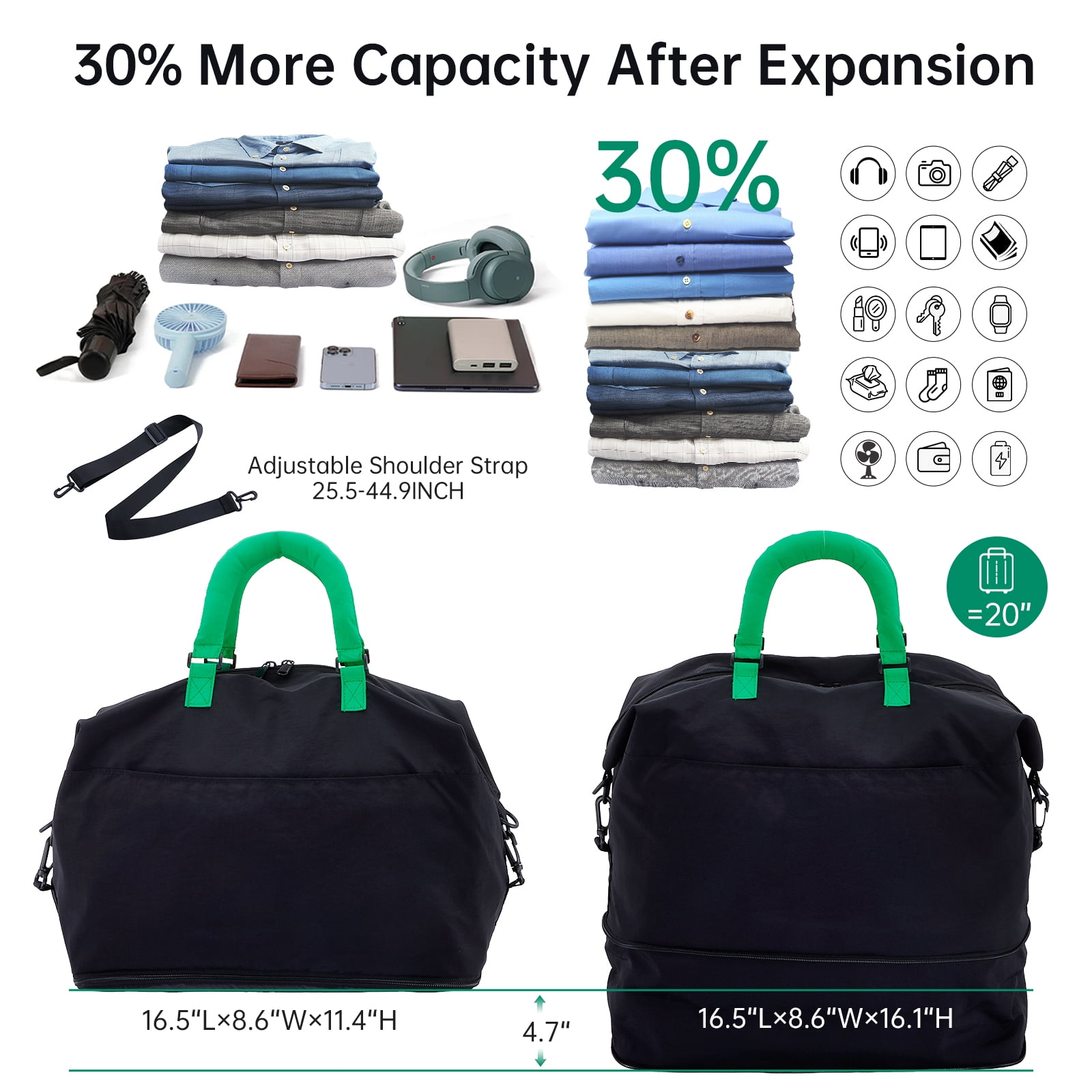 URSOFINE Travel Duffle Bag, Large Capacity Expandable Weekender Bag with Luggage Sleeve, Waterproof Nylon Overnight Bag for Women Men, Gym Bag Hospital Bag with Laptop Pocket