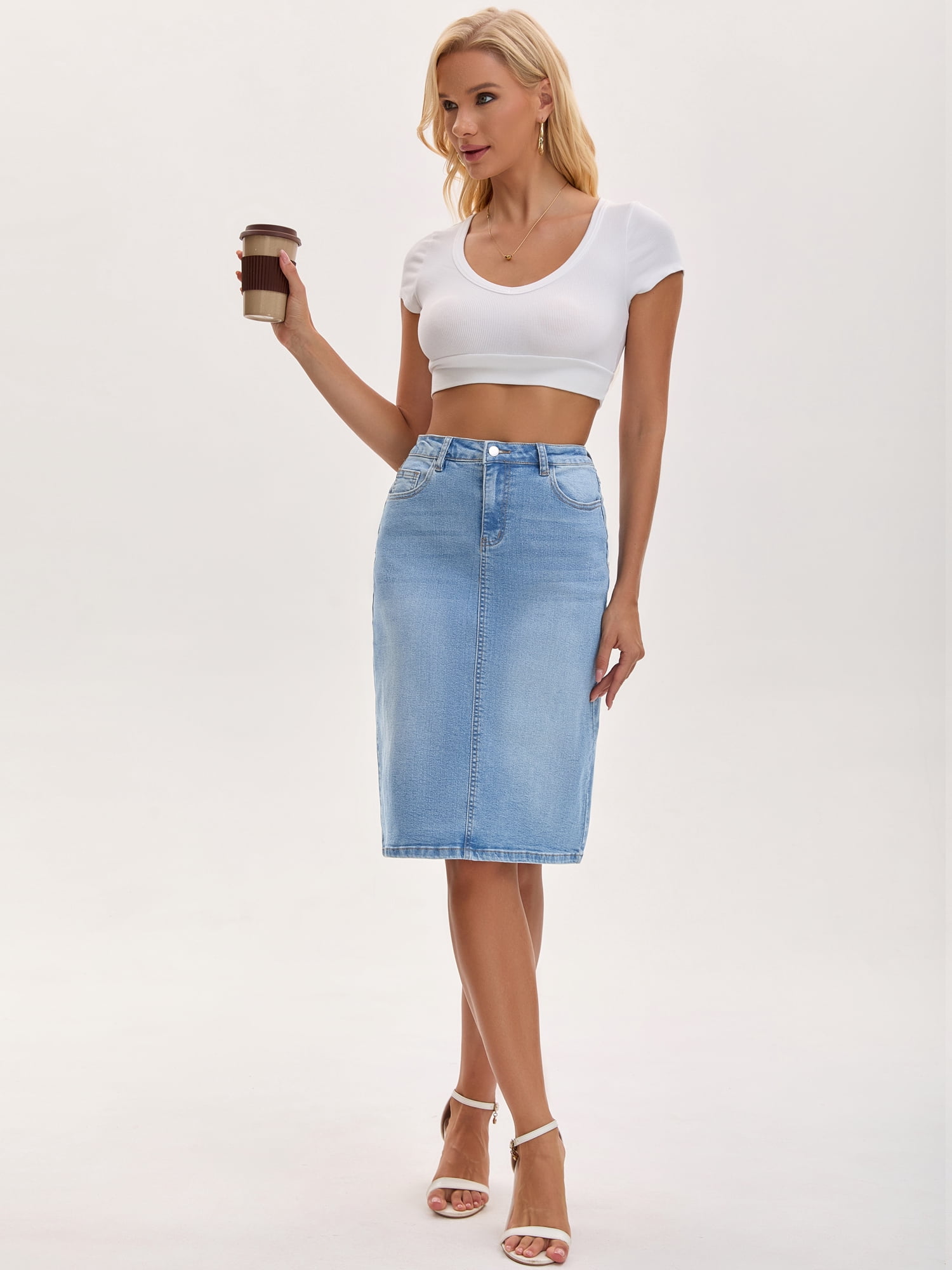 DARING DIVA Women's Jean Back Slit Stretch Below Knee Length Denim Skirts M Light Blue