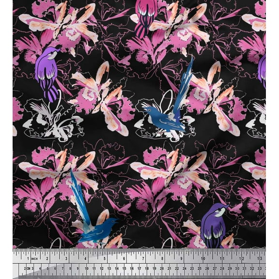 Soimoi Black Cotton Duck Fabric Floral & Bird Print Sewing Fabric Yard 42 Inch Wide