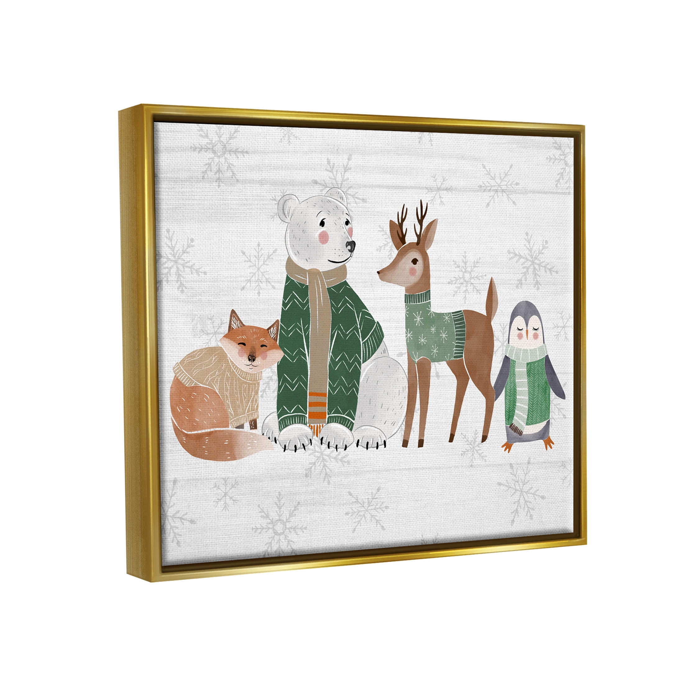 Stupell Industries Winter Wildlife Animals Snowflakes Graphic Art Metallic Gold Floating Framed Canvas Print Wall Art, Design by The Saturday Evening Post