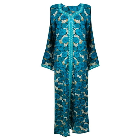 Hijaz Turqoise Floral Print Evening Gown Abaya with Laced Embroidery