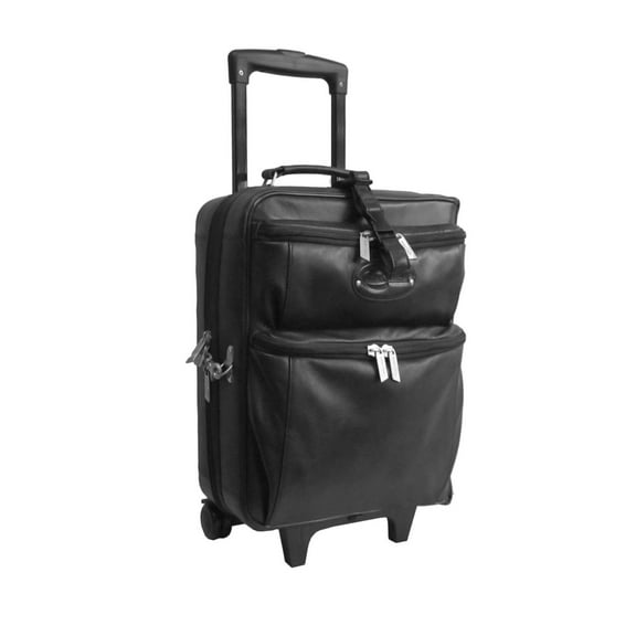 Leather Garment Bag Rolling Suitcase - Black Travel Bag with Wheels & Strap - 15" x 10" x 22"