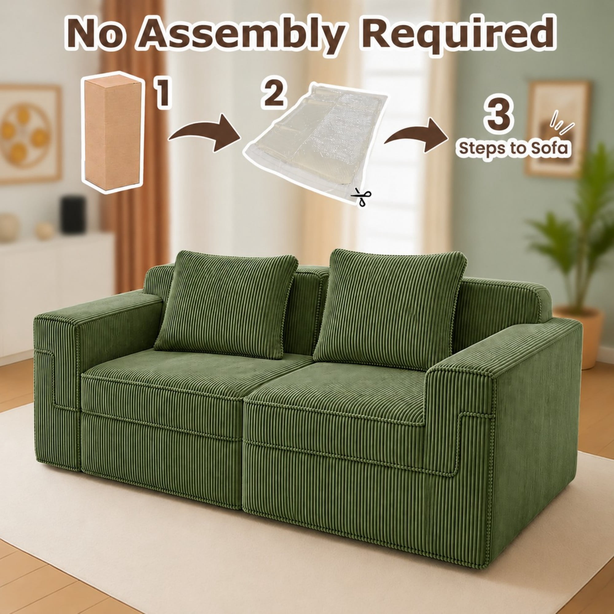 DEALTOPS 81" Modern Corduroy Floor Sofa, Modular 2-Seater Cloud Couch with Deep Seats & 2 Pillows, Green