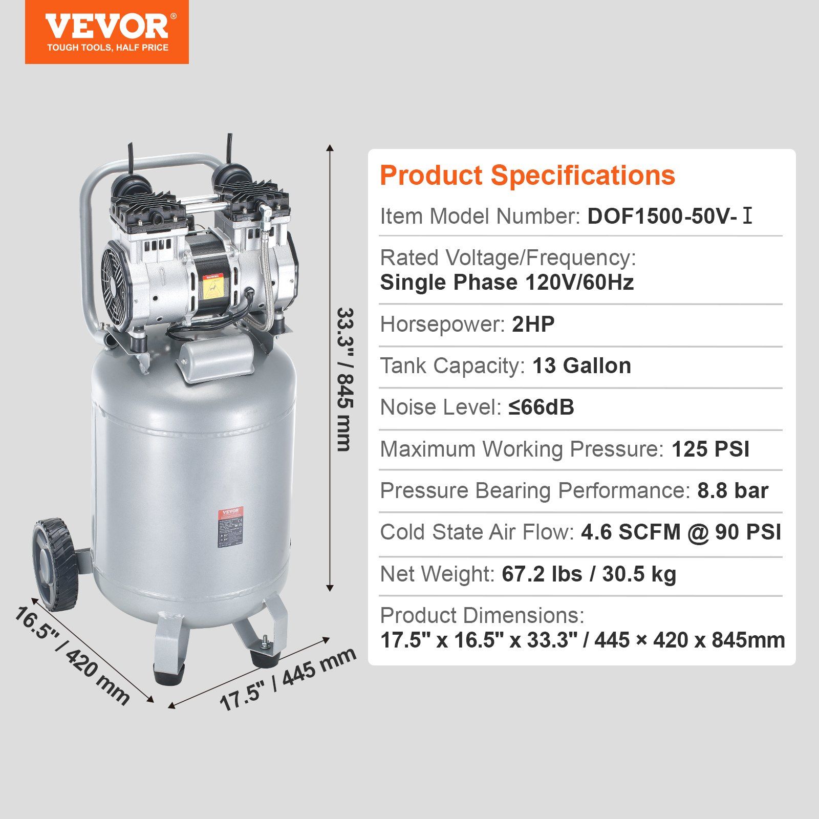 2HP 13 Gallon Air Compressor, 4.6 SCFM @90PSI Oil-Free, Ultra-Quiet 66dB, 125PSI Max for Tires, Auto, Woodwork, Spray Painting