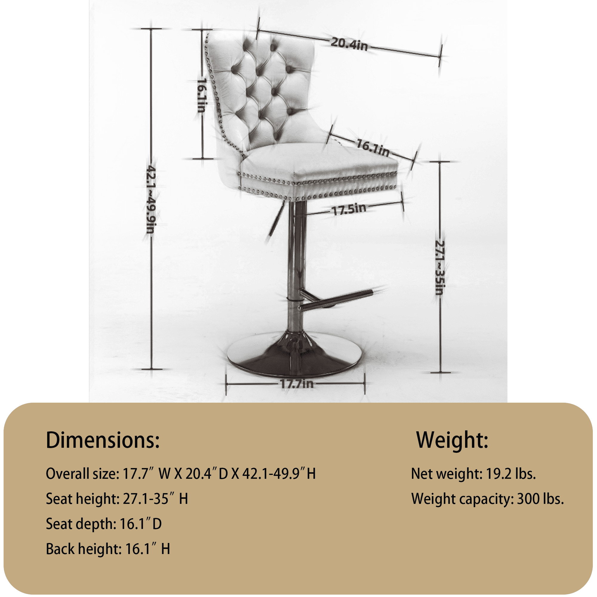 4-Piece Velvet Swivel Bar Stools, Adjustable Counter Height Dining Bar Chairs with Tufted Backrest and Nailhead Trim for Kitchen Island （Beige with Gold Leg）