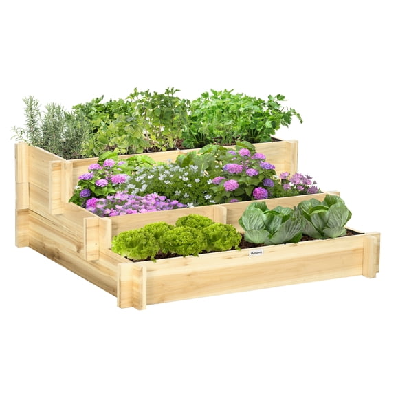 3 Tier Raised Garden Bed, Water Draining Fabric for Soil, Elevated Wood Flower Box for Vegetables, , Natural