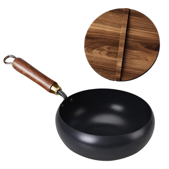 Ruanlalo Forged Iron Wok with Wooden Lid Nonstick Skillet Pot Even Heating Fry Pan for Gas Stove Induction Cooker Ergonomic Handle Cooking Pot