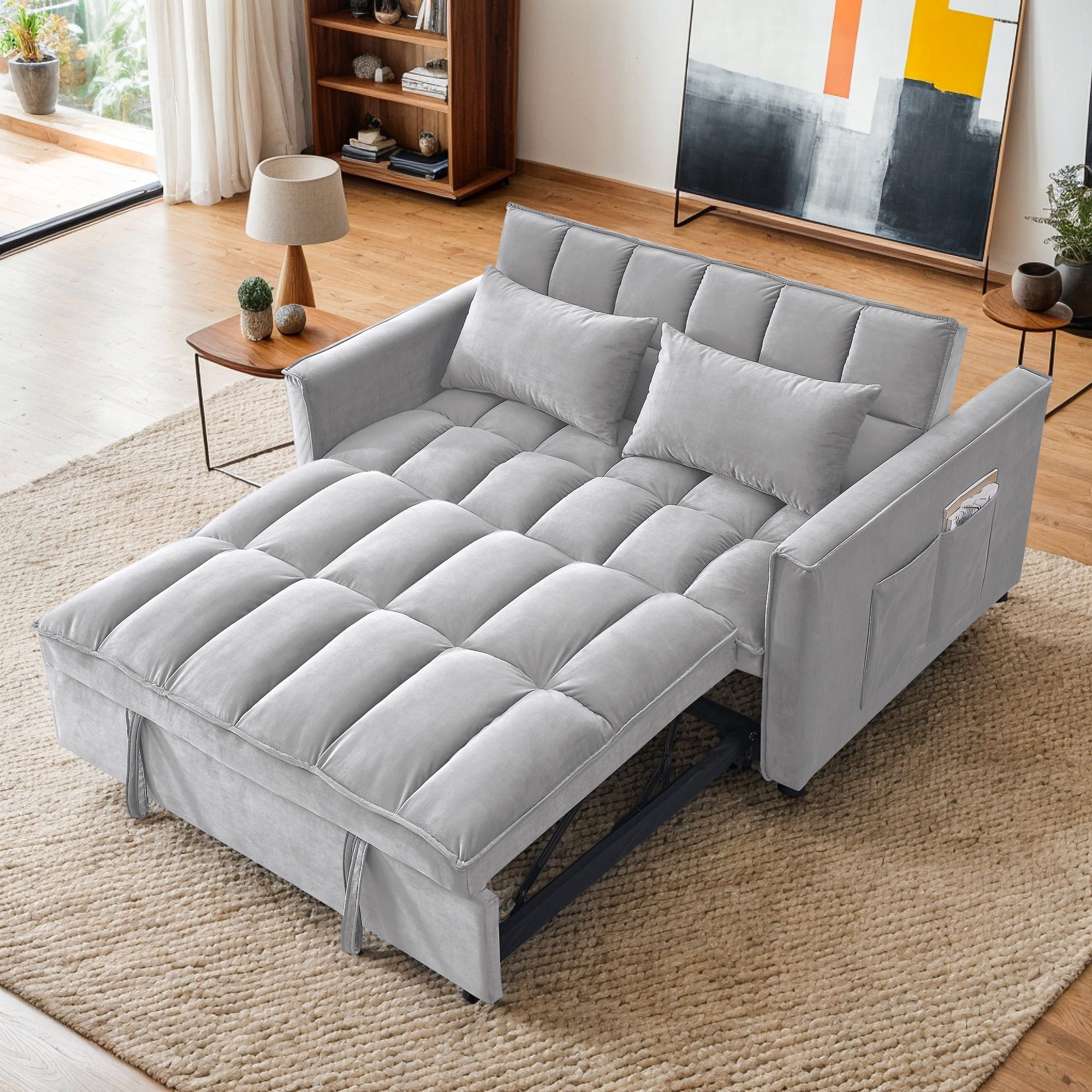 Demi Bonn 3 in 1 Convertible Sleeper Sofa Bed with Side Pocket, Adjustable Backrest Velvet Futon Couches for Living Room, Pull Out Couch, Loveseat, Gray