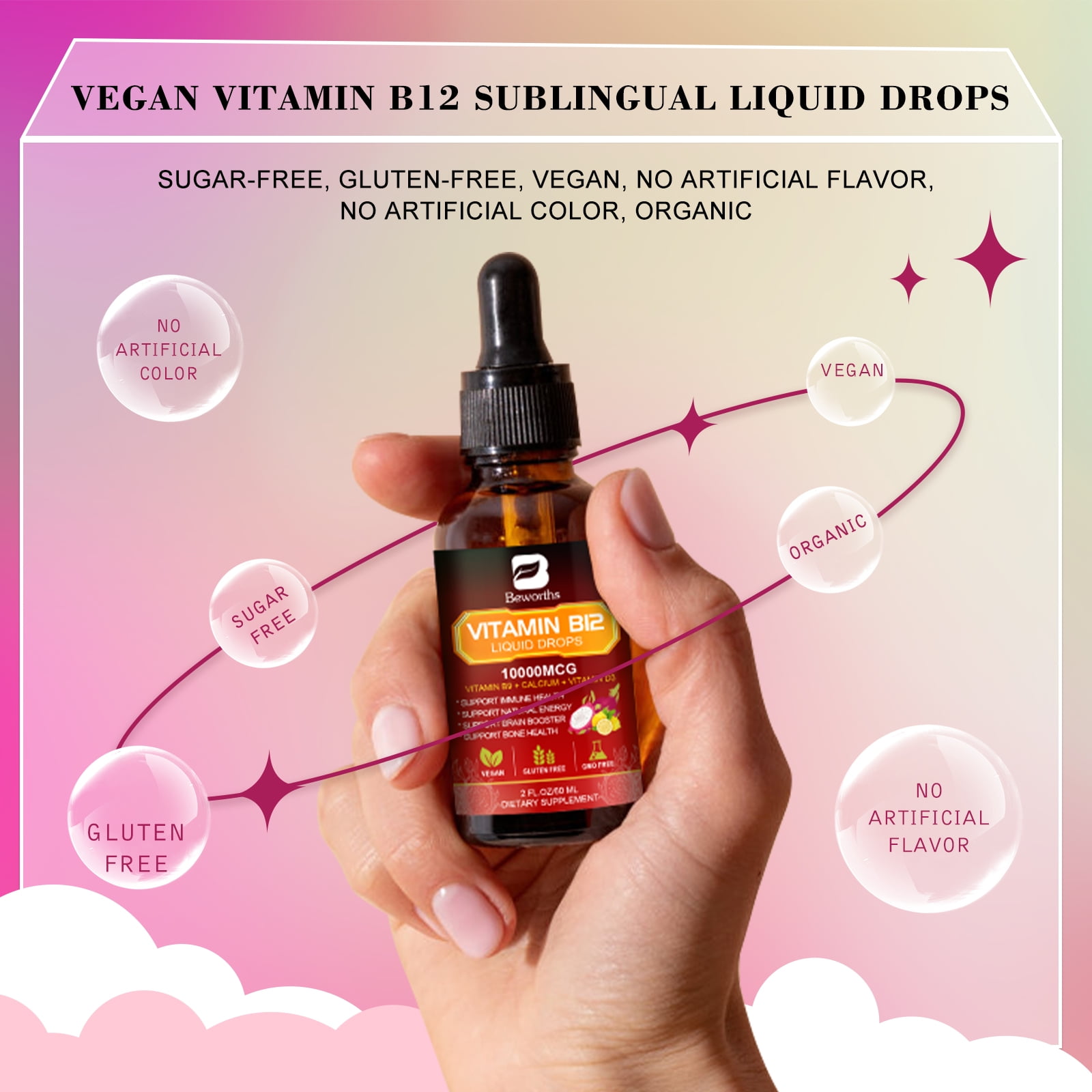 (2 Pack)Vitamin B12 Liquid Drops 10000mcg,Support Energy,Nerve* & Immune System,2fl oz